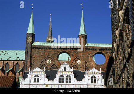 Germany, Schleswig - Holstein, Lübeck, Old Town, city hall, show wall, Renaissance bower, Hanseatic town, Old Town island, structure, city hall building, building, brick building, brick, wind holes, turrets, broken through, to Renaissance foliage, coat arms, historically, architecture, architecture, place of interest, UNESCO-world cultural heritage, Stock Photo