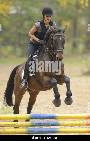 Teenage girl, horse, Bavarian warmblood, riding, jumping, frontal, Stock Photo