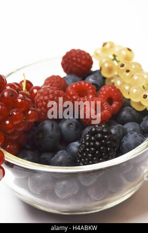Glass bowl, raspberries, blackberries, blueberries, currants, cropped, Stock Photo