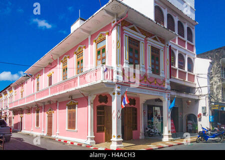 Restored sino portuguese architecture on the corner of Thalang road and soi Romanee in old Phuket Town, Thailand Stock Photo