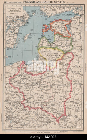 POLAND & BALTIC STATES. Showing 1939 German-Soviet partition line 1944 old map Stock Photo