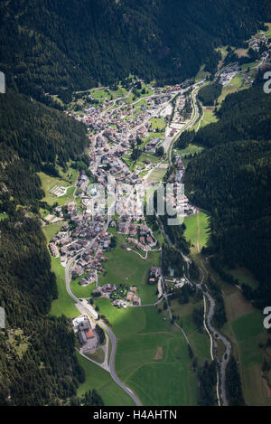 Canazei, Val di Fassa, the Dolomites, mountain village, cable car, Italy, scenery, aerial picture Stock Photo