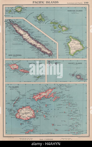 PACIFIC ISLANDS. Hawaii Samoa Fiji New Caledonia Society Islands 1944 old map Stock Photo