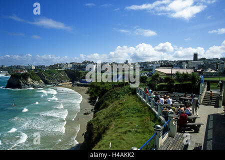 Great Britain, Cornwall, Newquay, bar, terrace, view, guests, Towan Beach, Stock Photo