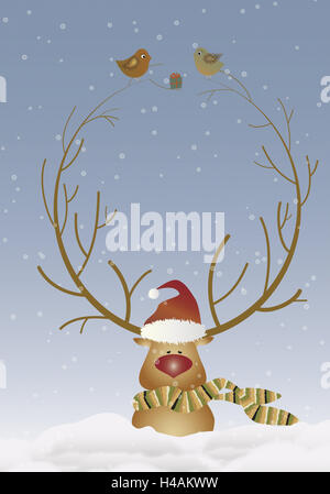 Illustration, reindeer, scarf, cap, snuffy, birds, sitting, antlers, present, snow, Stock Photo