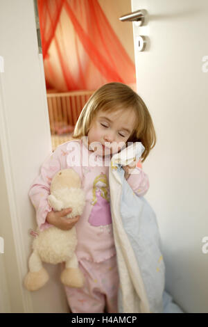 Child, girl, sleepwalking, 4-6 years, alone, lonely, hall, door, openly, inside, children's room, infant, Addicted to moon, tiredly, sleep suit, soft animal, ceiling, blanket, soft caps, sleep, sleep disturbance, sleepwalker, sleepwalker, soft toy, dream, subconsciously, subconsciousness, action, half sleep, at night, Stock Photo