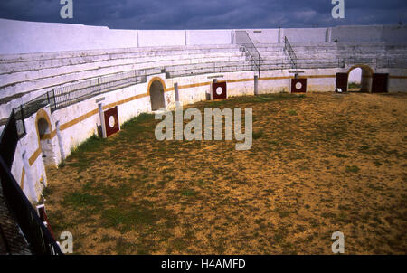 Spain, ex-diaeresis dura, Fuentes de Leon, bullfight arena, destination, place of interest, arena, bullfight, building, structure, architecture, rotunda, rows, stand, spectator's stand, outside, deserted, Stock Photo