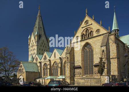 Germany, North Rhine-Westphalia, Paderborn, cathedral, detail, town, place of interest, culture, building, structure, architecture, church, church, sacred construction, faith, religion, Christianity, steeple, summer, outside, facade, deserted, Stock Photo