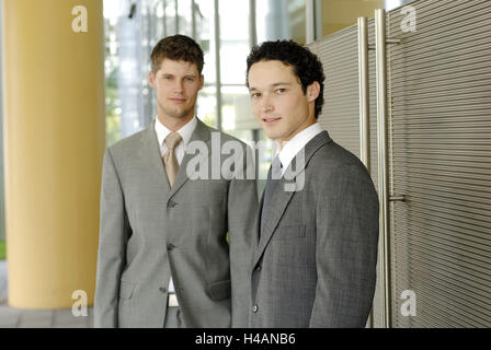 Men, two, young, office building, stand, Stock Photo