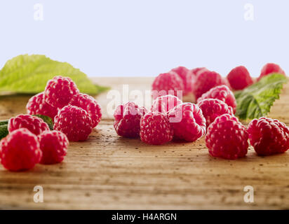 Raspberries, tabletop, wood, still life, Stock Photo