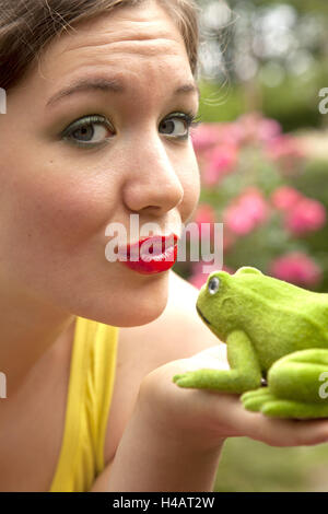 Woman, young, frog, kiss, garden, Stock Photo