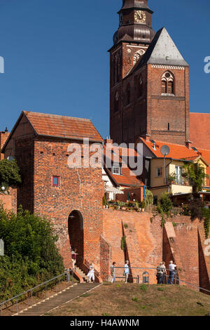 Germany, Saxony-Anhalt, Altmark, Tangermünde, Elbtor and St Stephen's church Stock Photo