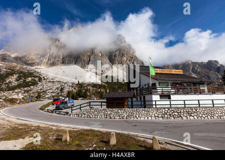 Europe, Italy, the Dolomites, South Tyrol, Passo di Falzarego, cable car to the Lagazuoi, valley station Stock Photo