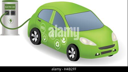 Electric car charging at the charger station. Power supply for electric car. Electric car refuel with power. Eco car with  eco i Stock Vector