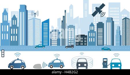 Traffic and wireless network, Intelligent Transport Systems. Autonomous Driverless Car.Automobile sensors use in self-driving ca Stock Vector