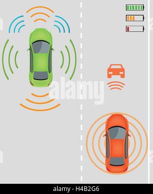 Electric re-charging lane Wireless charging system for electric vehicles. Charge while in motion on smart highway. Smart car Stock Vector
