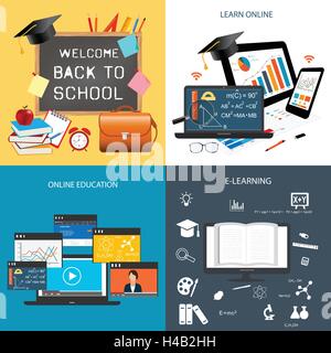 Design concept of education and online learning.Back to school template with blackboard and items for school. Education icon Stock Vector
