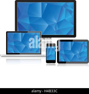 Set of realistic display, laptop, tablet , computer and mobile phone template with blue screen Stock Vector
