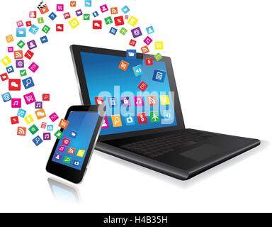 Application coming out of  laptop and from Smart Phone on white background Stock Vector
