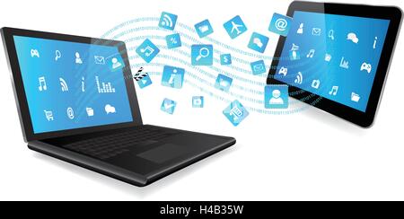 Application coming out of  laptop and from tablet on white background Stock Vector