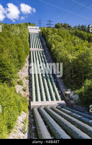 Germany, Bavaria, Upper Bavaria, Tölzer Land, Kochel am See, Walchensee power plant, pipelines with moated castle, Stock Photo