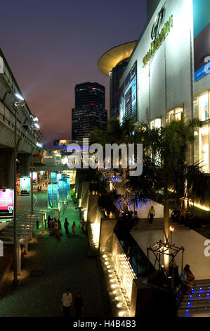 Thailand, Bangkok, Siam Paragon, lighting, evening, Asia, South-East Asia, town, capital, destination, place of interest, building, shopping centre, lights, passers-by, tourism, person, palms, Stock Photo