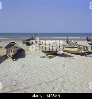 Senegal, to bass Casamance, Cap Skirring, beach, fishing boats, sea, Africa, West, Africa, lower Casamance, coast, coastal scenery, sandy beach, Sand, shore, boots, Pirogen, nobody, horizon, width, distance, Stock Photo