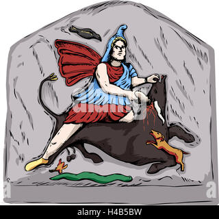 Forensic reconstruction illustration of Mithras slaying of a black bull from 4th century stone carvings in Jajce, Bosnia Stock Photo