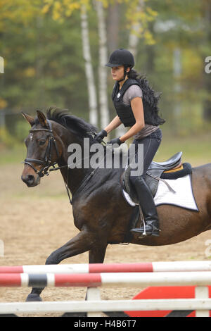 Teenage girl, horse, Bavarian warmblood, riding, side view, Stock Photo