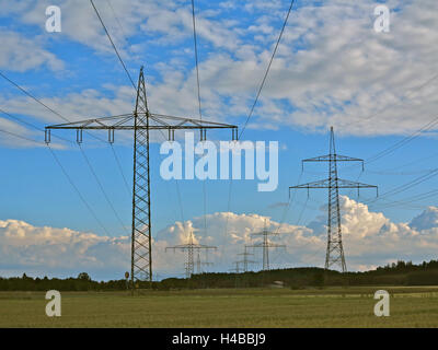 Germany, Upper Bavaria, near Germering, high-voltage transmission line Stock Photo