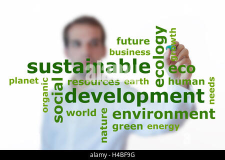 Businessman writing sustainable development word cloud with a green pen. Isolated on white background Stock Photo