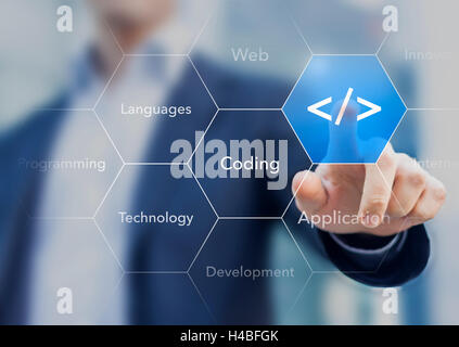 Coding symbol on virtual screen about developing apps or websites Stock Photo