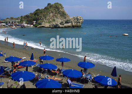 Italy, Sicily, Mazzaro, beach, sunshades, sea, rock, Stock Photo