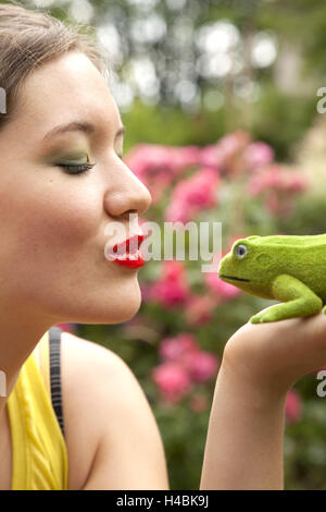 Woman, young, frog, kiss, garden, Stock Photo