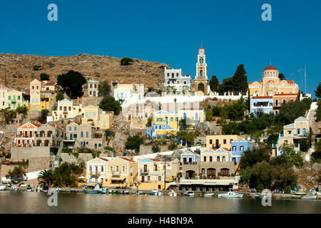 Greece, Symi, churches in the harbour place Gialos Stock Photo
