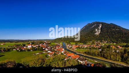 Germany, Bavaria, Upper Bavaria, Werdenfelser Land, region Zugspitze, view of Eschenlohe with Loisach and Osterfeuerspitze Stock Photo