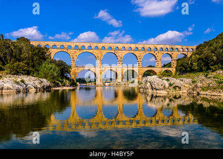 France, Languedoc-Roussillon, Gard, Vers-Pont-du-Gard, river Gardon, Pont du Gard Stock Photo