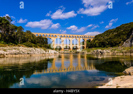 France, Languedoc-Roussillon, Gard, Vers-Pont-du-Gard, river Gardon,  Pont du Gard Stock Photo