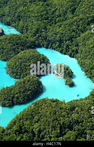 Aerial view of the Milky Way among the islands in the Archipelago of Palau, Republic of Palau, Micronesia, Pacific Ocean Stock Photo