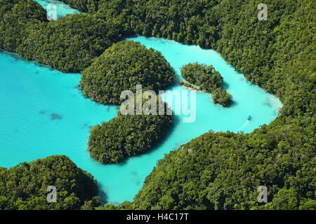 Aerial view of the Milky Way among the islands in the Archipelago of Palau, Republic of Palau, Micronesia, Pacific Ocean Stock Photo