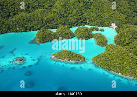 Aerial view of the Milky Way among the islands in the Archipelago of Palau, Republic of Palau, Micronesia, Pacific Ocean Stock Photo