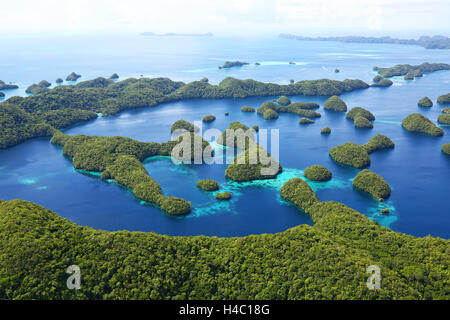 Aerial view of islands in the Archipelago of Palau, Republic of Palau, Micronesia, Pacific Ocean Stock Photo