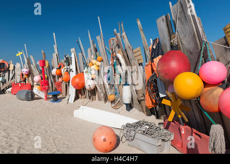 Beachcomber finds exhibited near the sea cottage on the so called Vliehorst sandbank of the wadden Island Vlieland Stock Photo