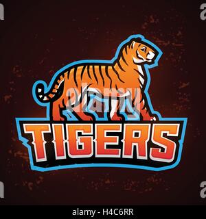 Tiger mascot vector. Sport logo design template. Football or baseball illustration. College league insignia, School team logotype on fire background. Stock Vector