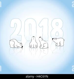 Four Cute Polar Bears and New Year 2018 with Reflections on an Ice Blue Cold Background Stock Photo