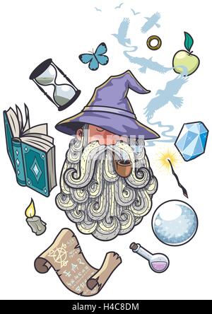 Portrait of wizard smoking pipe. Different objects float around him. Stock Vector