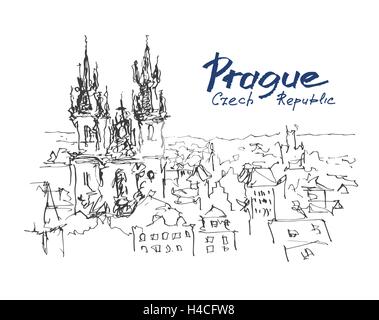 drawing of Prague old town top cityscape with hand lettering ins Stock Vector