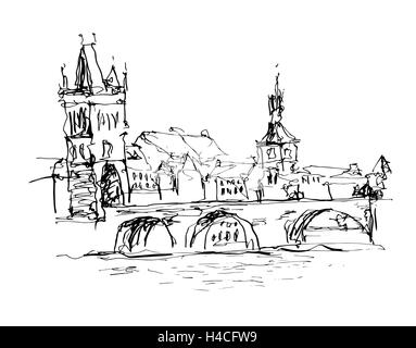 black and white ink sketch line drawing of Prague old town top c Stock Vector