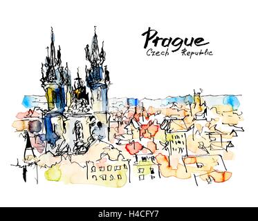 watercolor freehand sketch drawing of Prague Czech Republic top Stock Vector