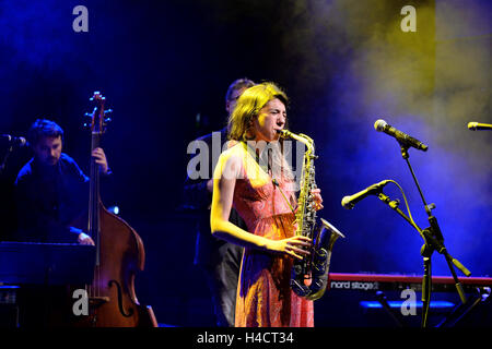 BARCELONA - APR 16: Eva Fernandez Group (jazz band) performs at Luz de Gas club on April 16, 2015 in Barcelona, Spain. Stock Photo